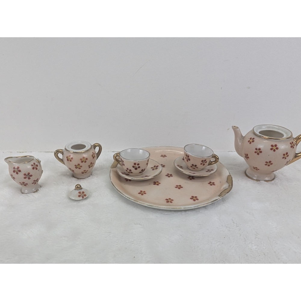 Vintage Occupied Japan Miniature Porcelain Tea Set Tray Teapot Cups Gold Trim